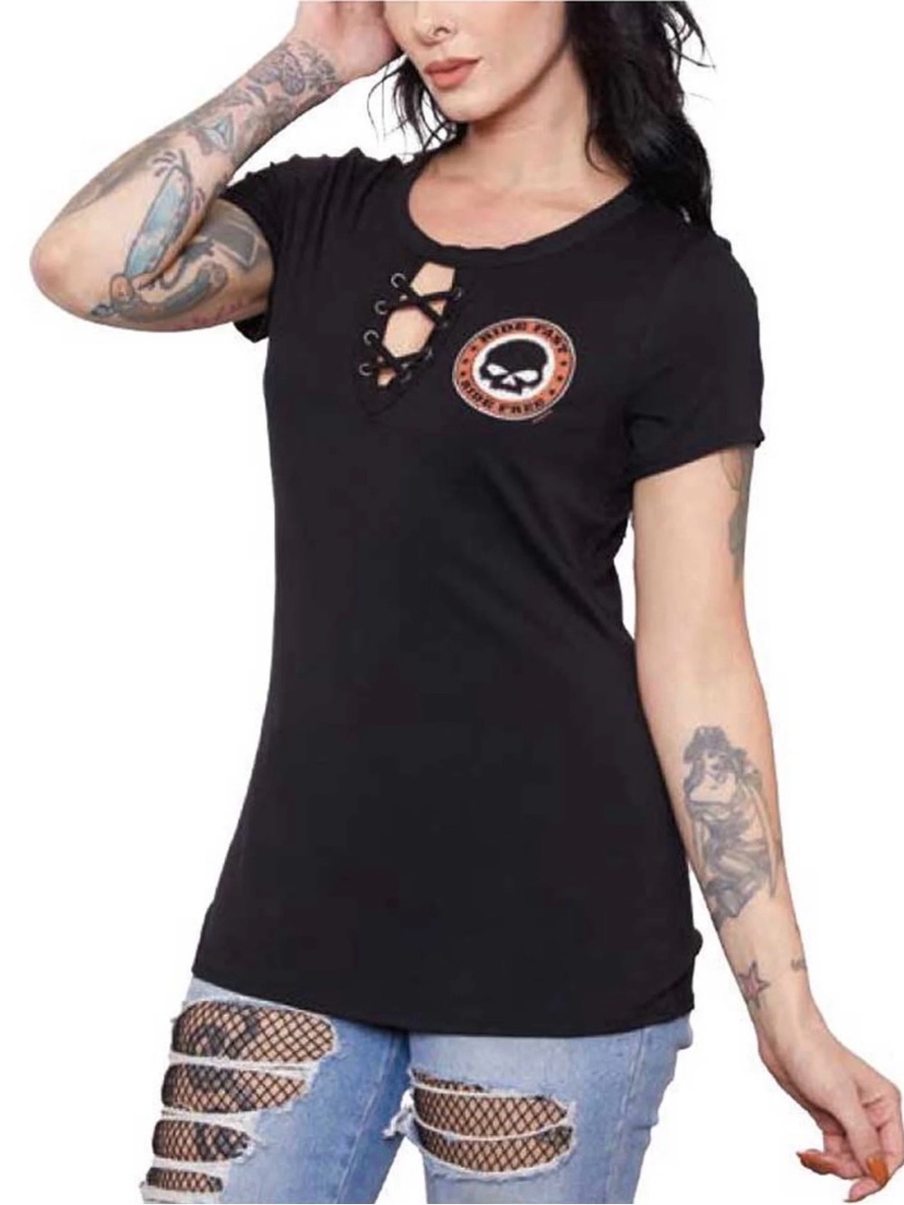 Harley-Davidson Womens Overseal Willie G Skull Lace Up Short Sleeve T-Shirt M